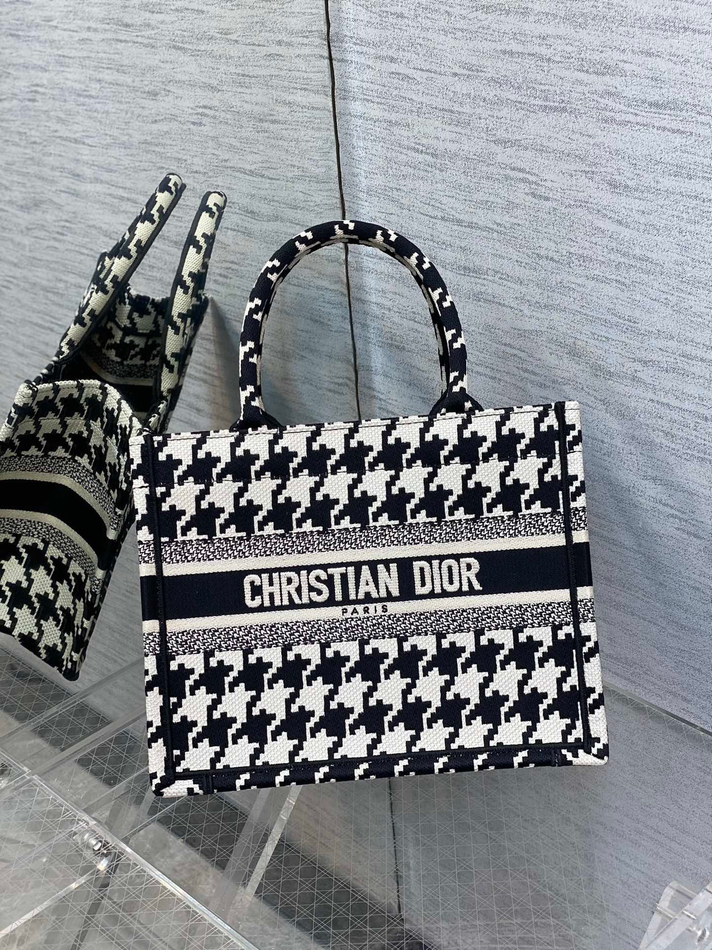 D*or small book tote bag in micro houndstooth embroidery