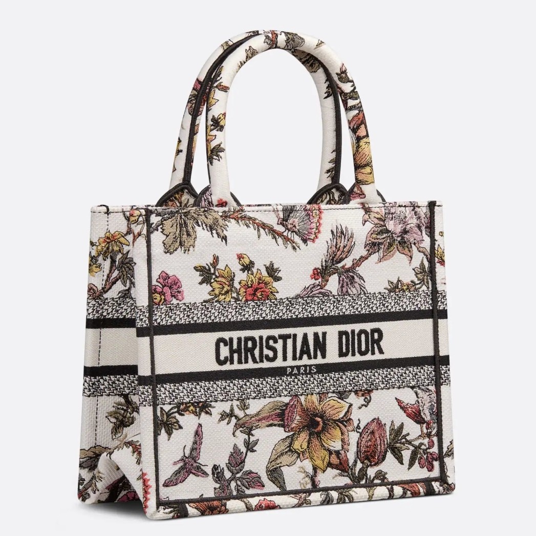 D*or small book tote bag in white multicolor jardin botanique embroidery
