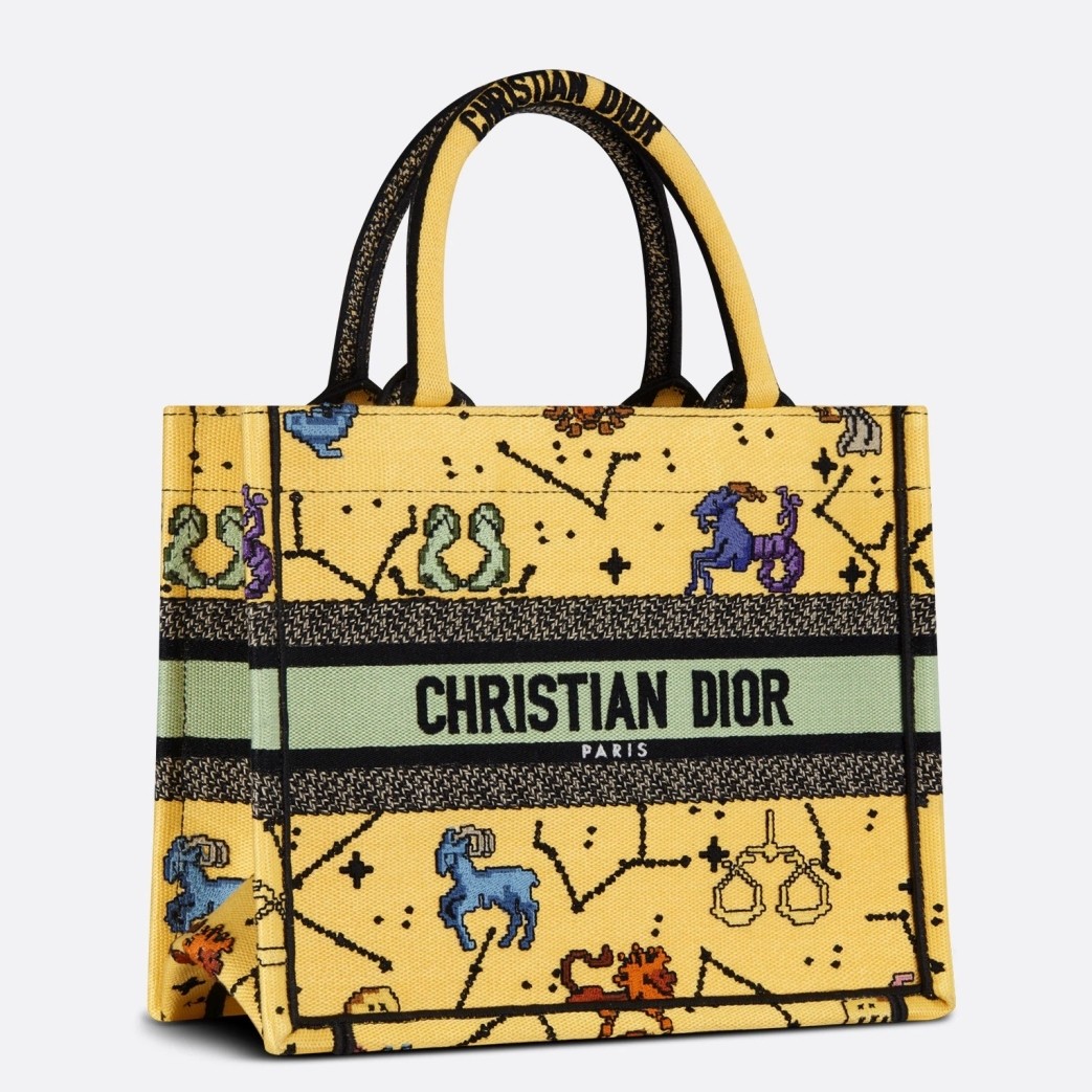 D*or small book tote bag in yellow multicolor pixel zodiac embroidery