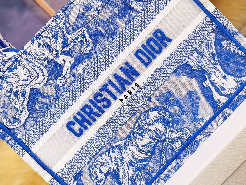 D*or small book tote bag in blue transparent toile de jouy canvas