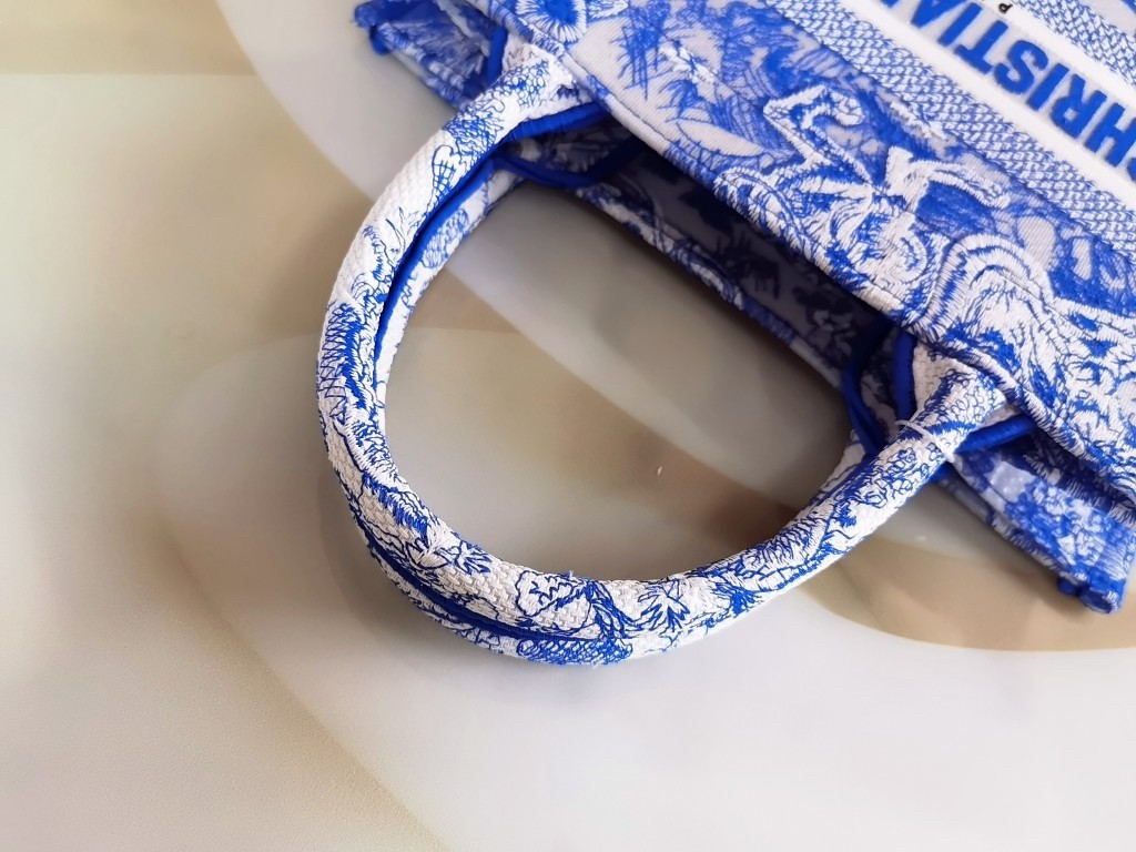D*or small book tote bag in blue transparent toile de jouy canvas