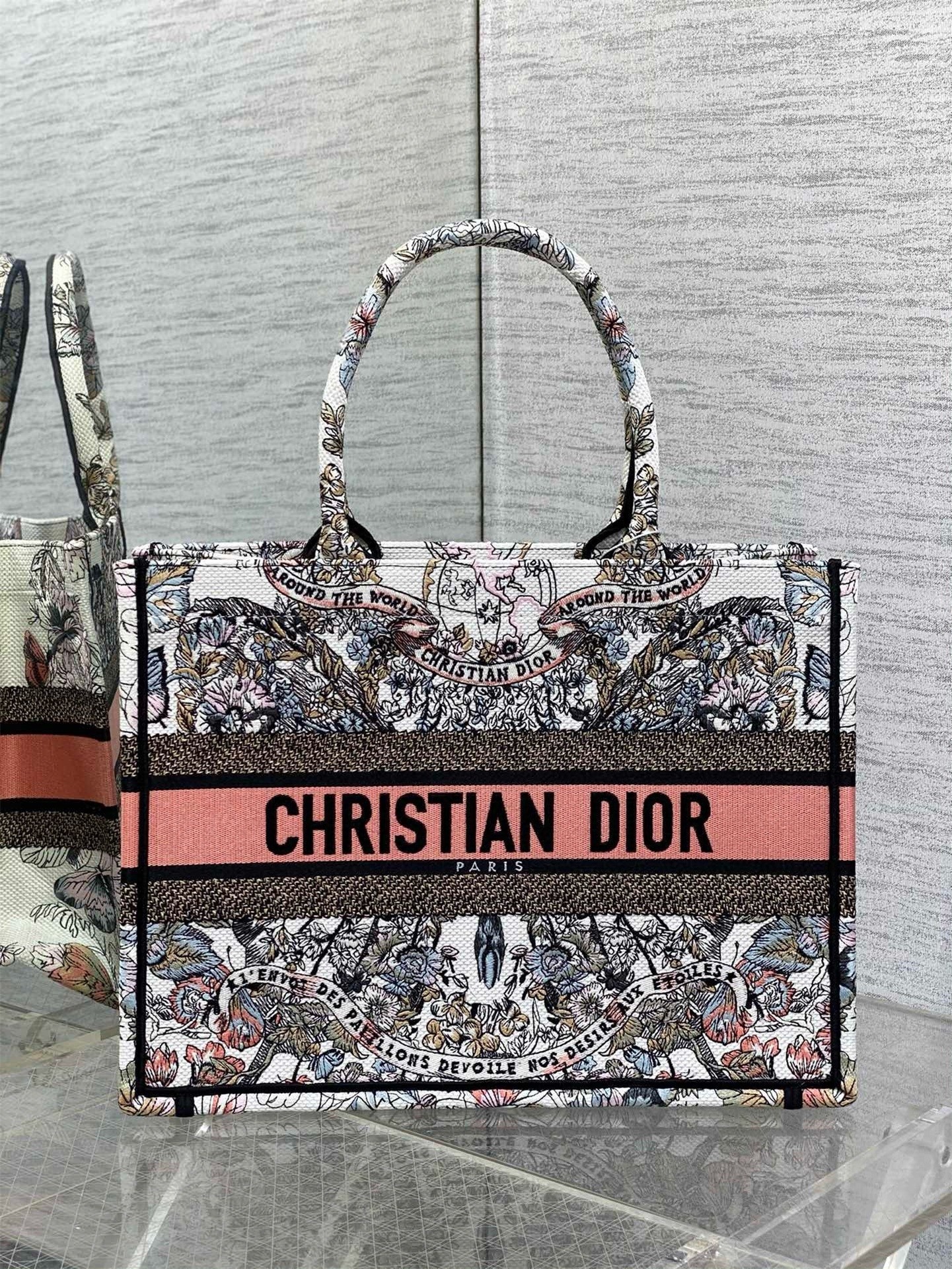 D*or medium book tote bag in butterfly around the world embroidery