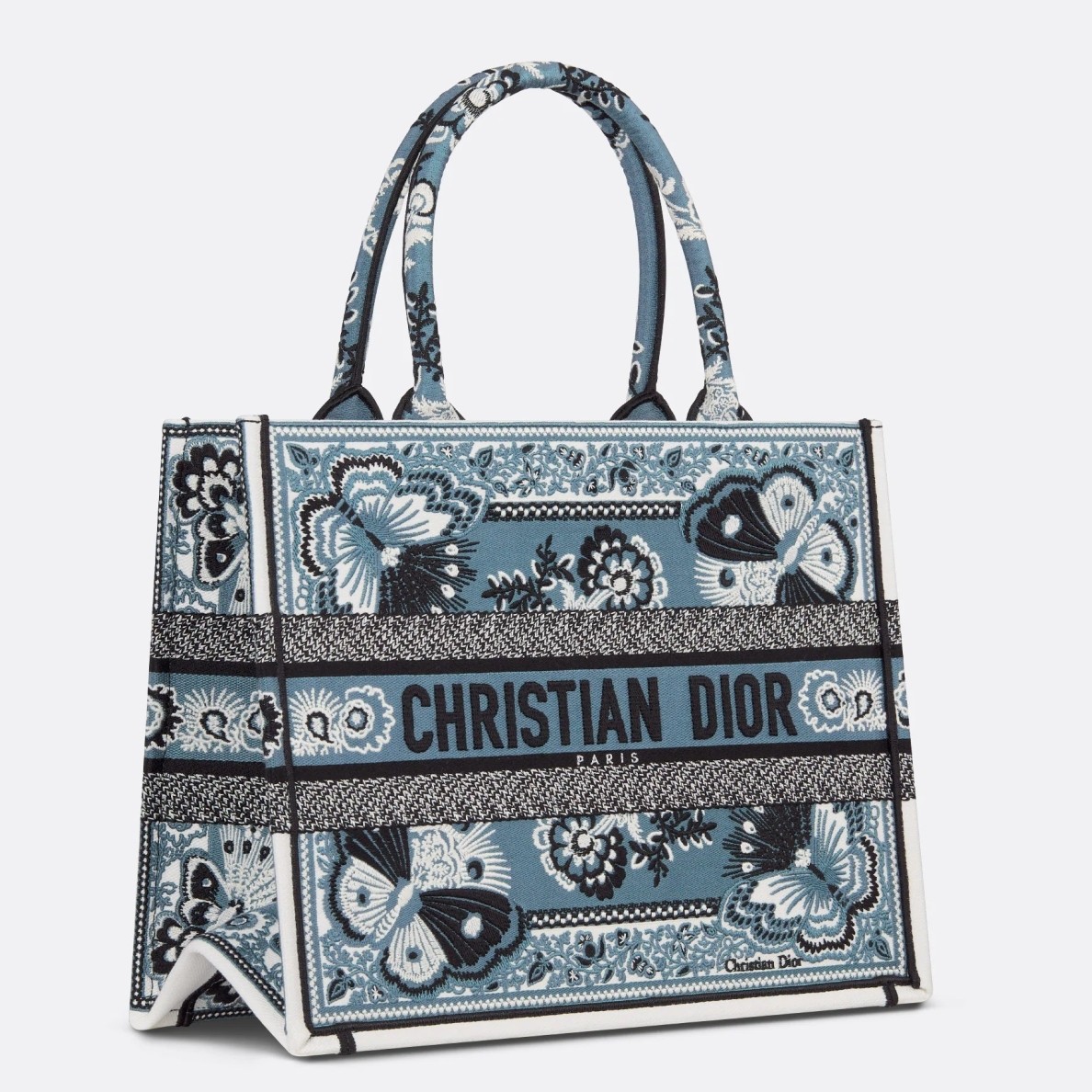 D*or medium book tote bag in blue butterfly bandana embroidery