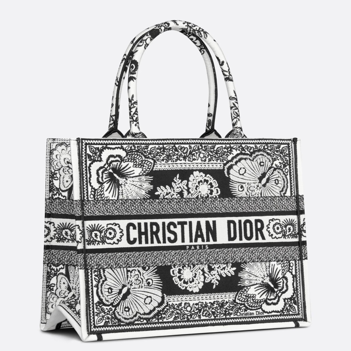D*or medium book tote bag in black and white butterfly bandana embroidery