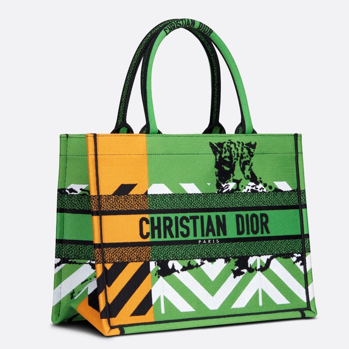 D*or medium book tote bag in green d-jungle pop embroidery
