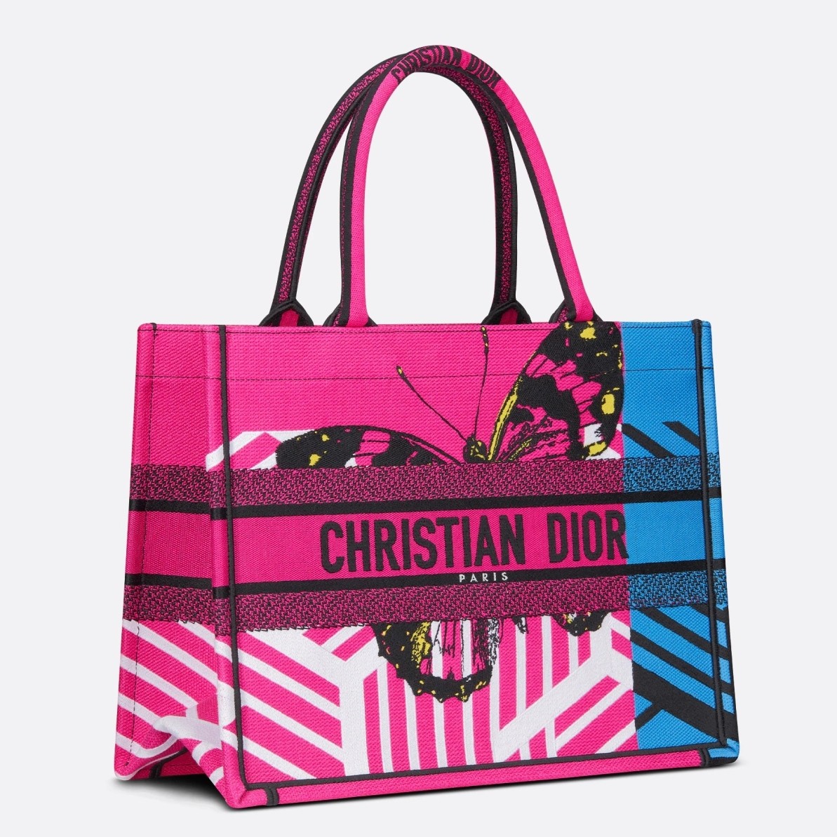 D*or medium book tote bag in pink d-jungle pop embroidery