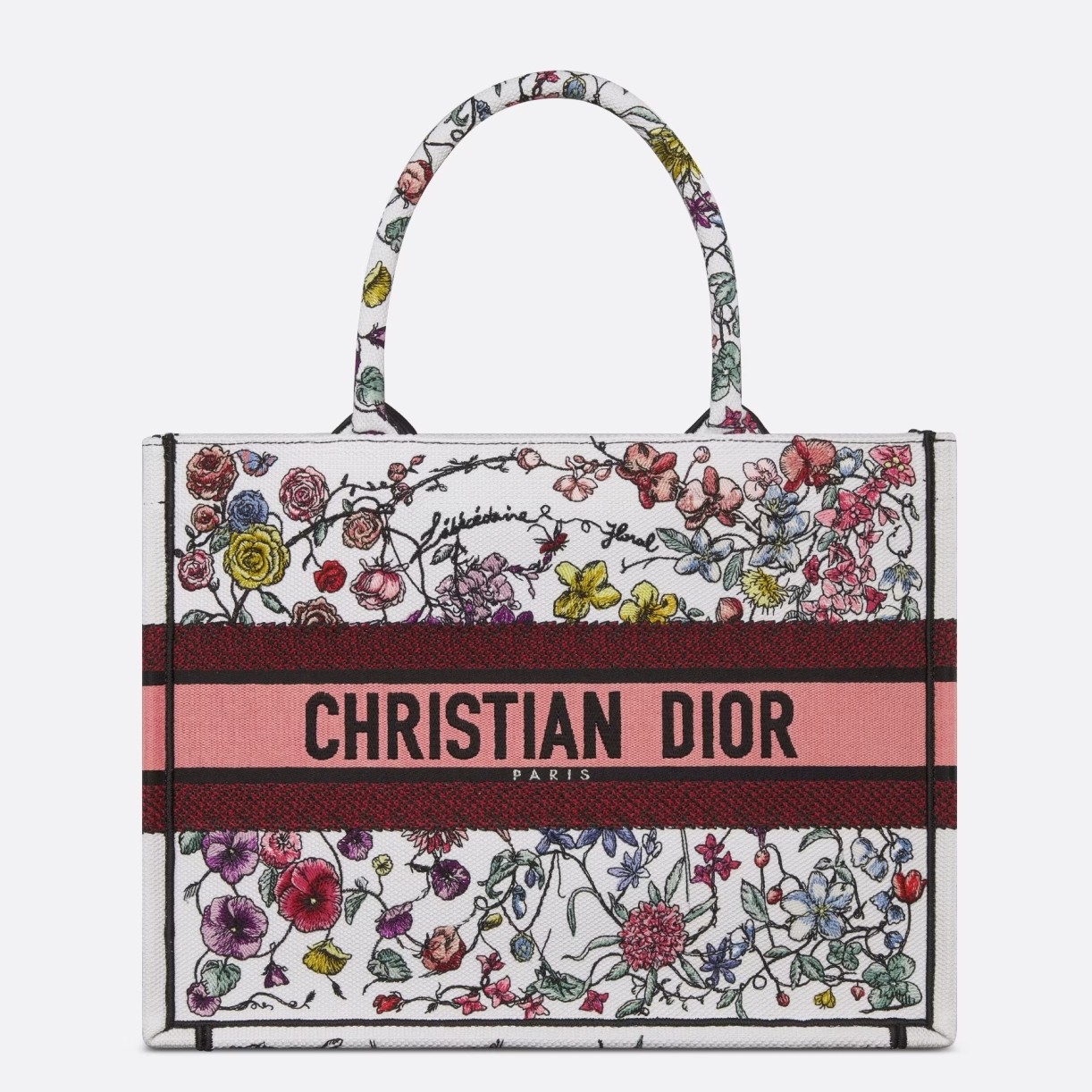 D*or medium book tote bag in white multicolor florilegio embroidery
