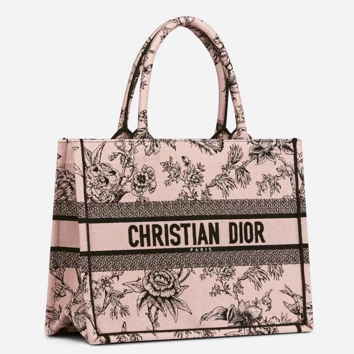 D*or medium book tote bag in powder pink jardin botanique embroidery