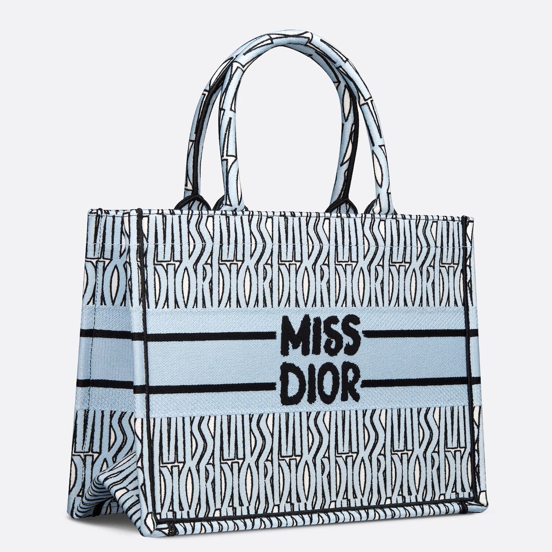 D*or medium book tote bag in blue miss D*or allover embroidery
