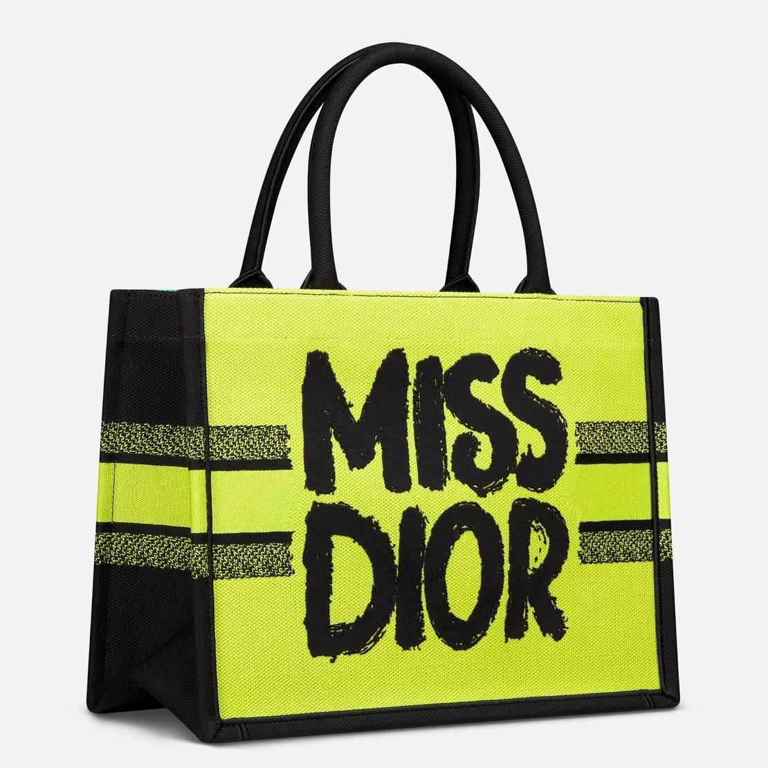 D*or medium book tote bag in yellow and blue miss D*or graffiti embroidery