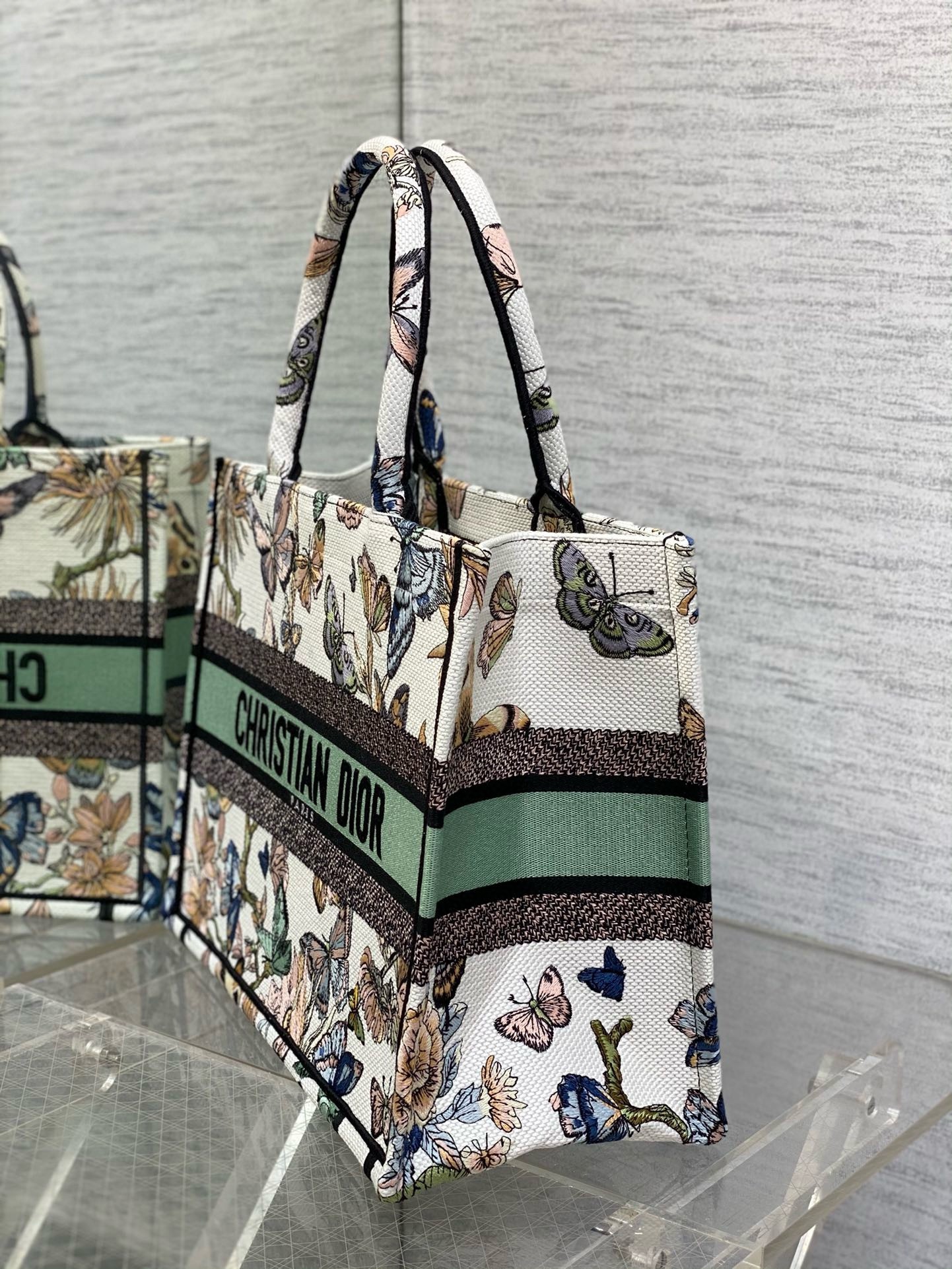 D*or medium book tote bag in white toile de jouy mexico embroidery