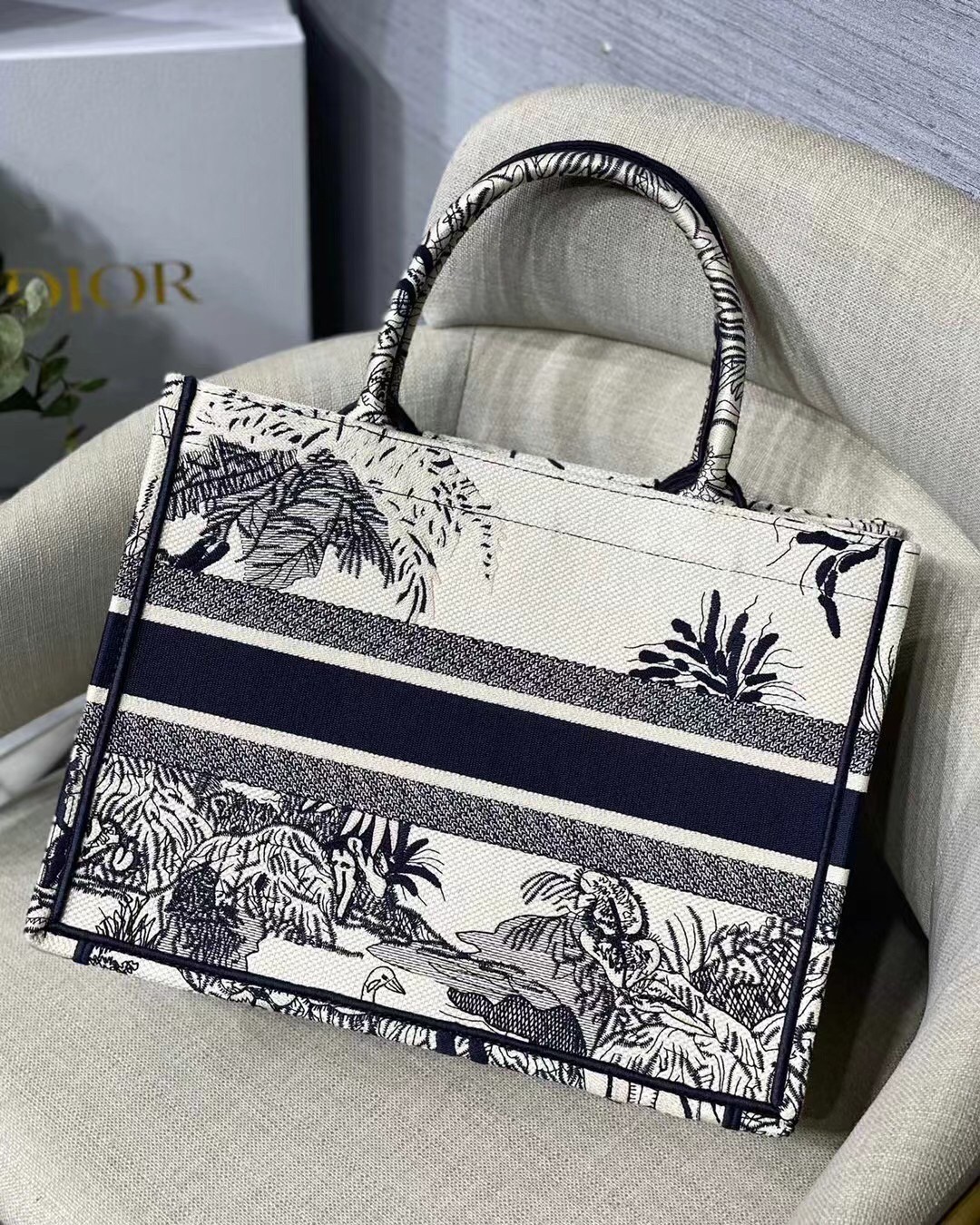 D*or small D*or book tote in blue toile de jouy palms embroidery