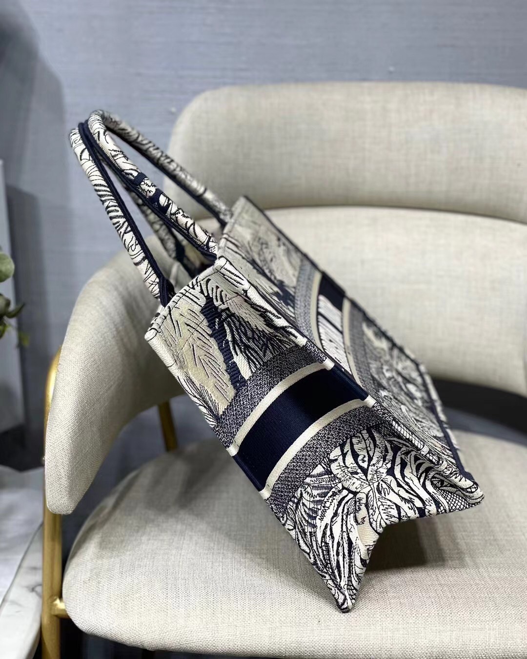 D*or small D*or book tote in blue toile de jouy palms embroidery