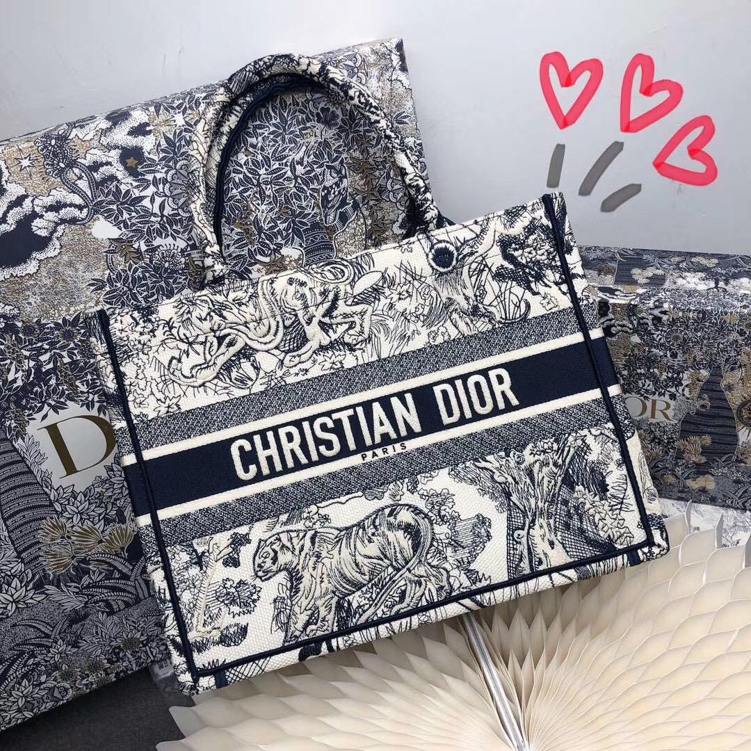 D*or small book tote in blue toile de jouy canvas