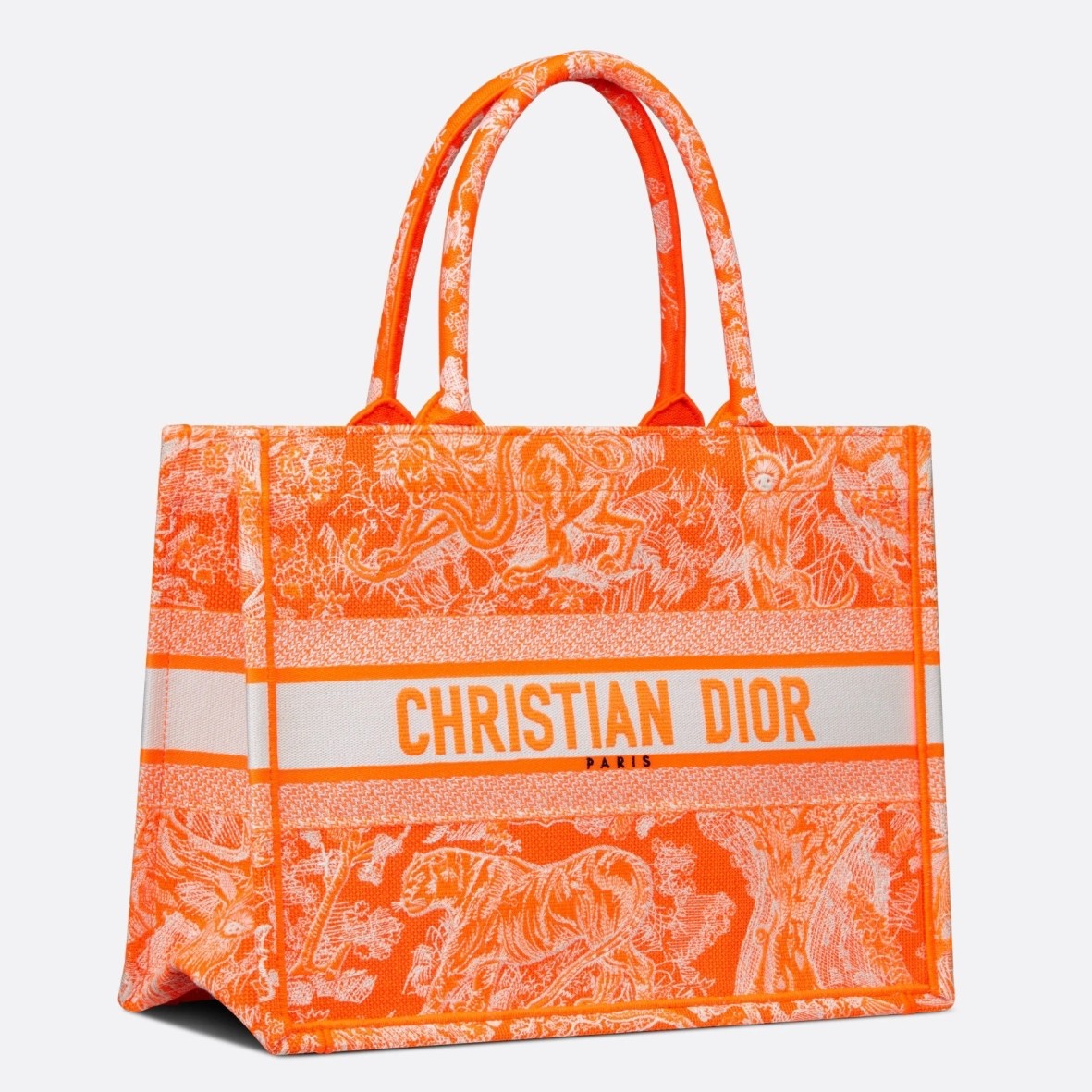 D*or medium book tote bag in fluorescent orange toile de jouy reverse embroidery