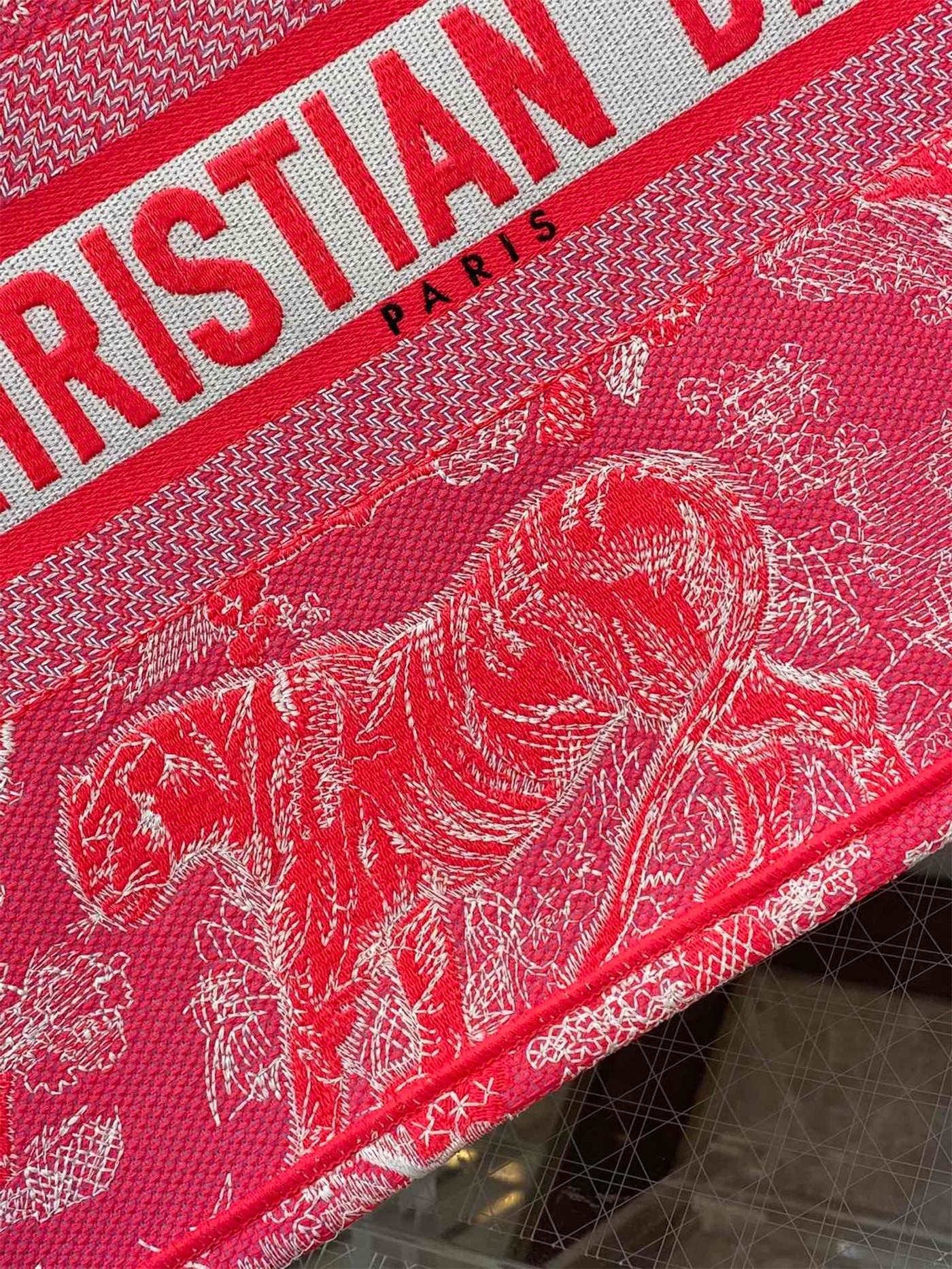 D*or medium book tote bag in fluorescent pink toile de jouy reverse embroidery
