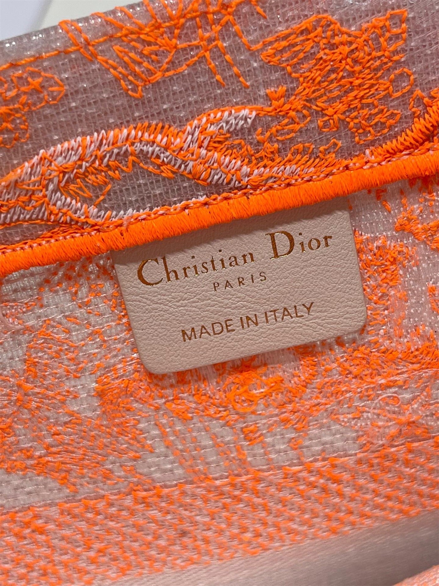 D*or medium book tote bag in orange transparent toile de jouy canvas