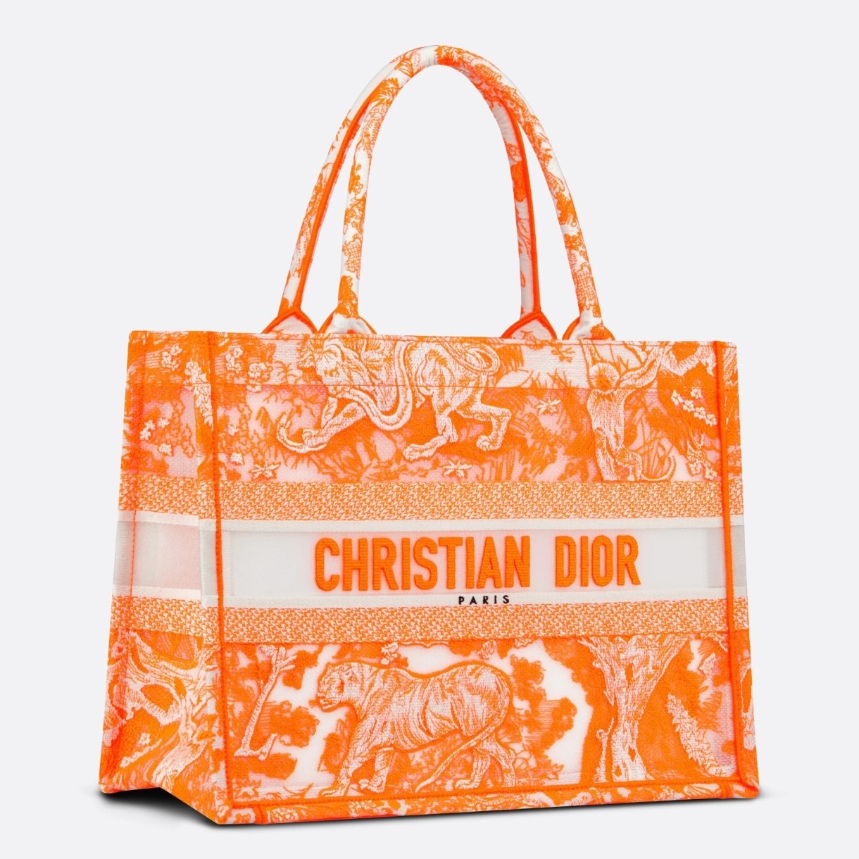 D*or medium book tote bag in orange transparent toile de jouy canvas
