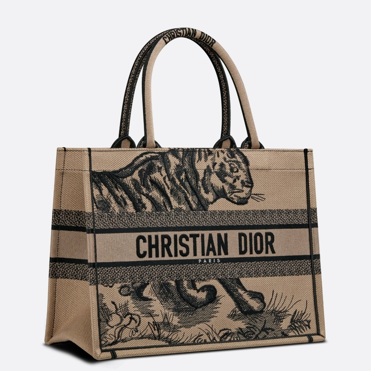 D*or medium book tote bag in macro toile de jouy tiger embroidery