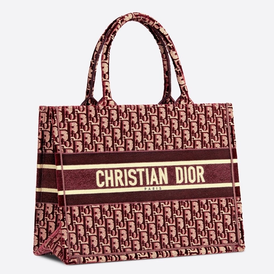 D*or small book tote bag in bordeaux oblique embroidered velvet