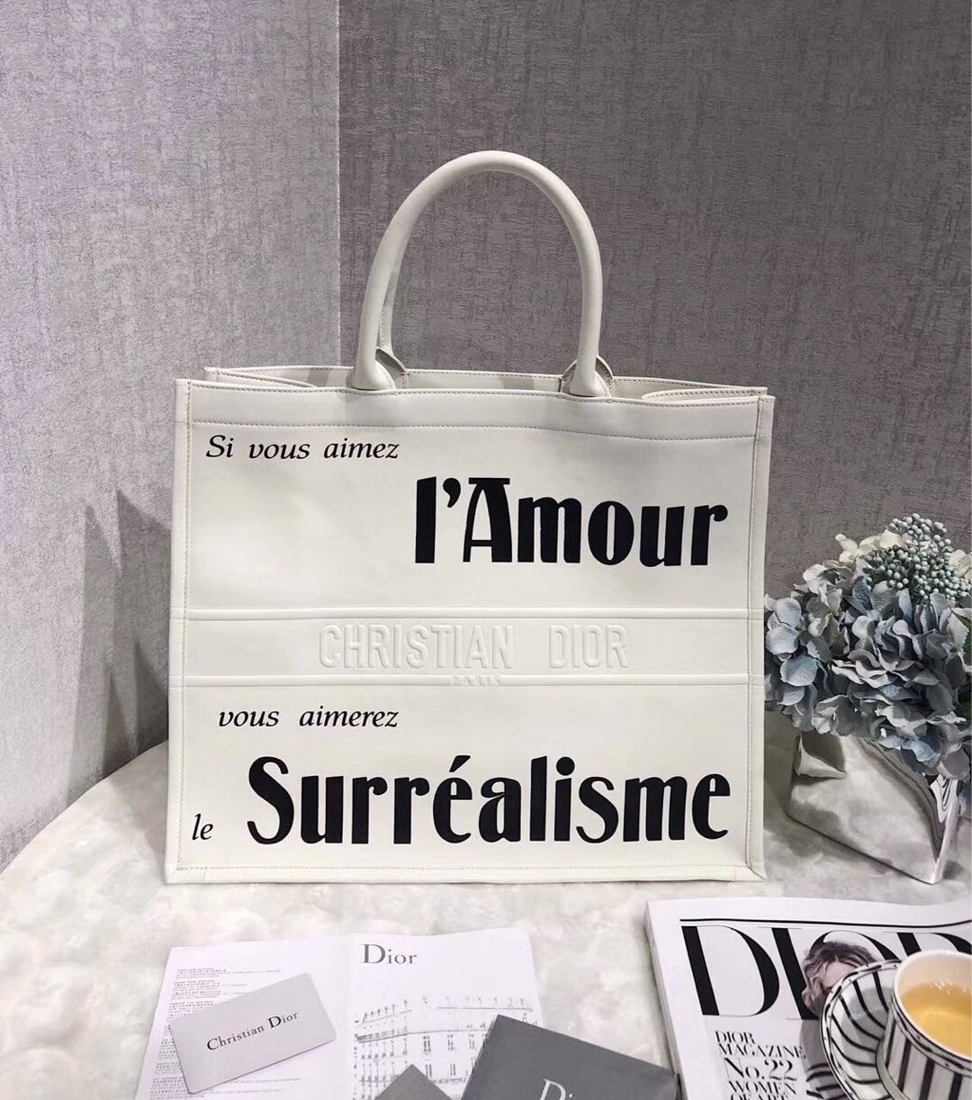 D*or book tote bag in white surrealism printed calfskin
