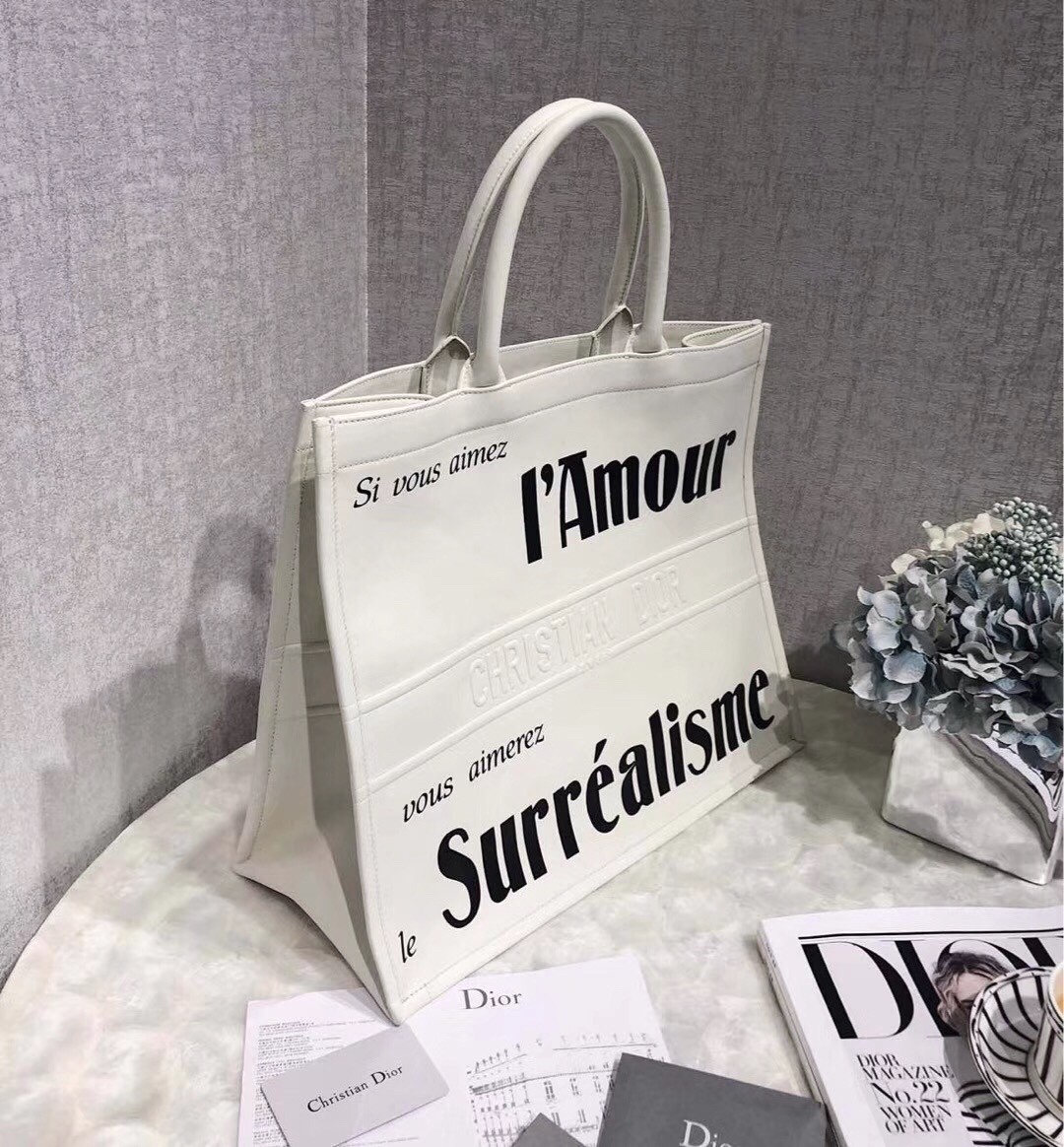 D*or book tote bag in white surrealism printed calfskin