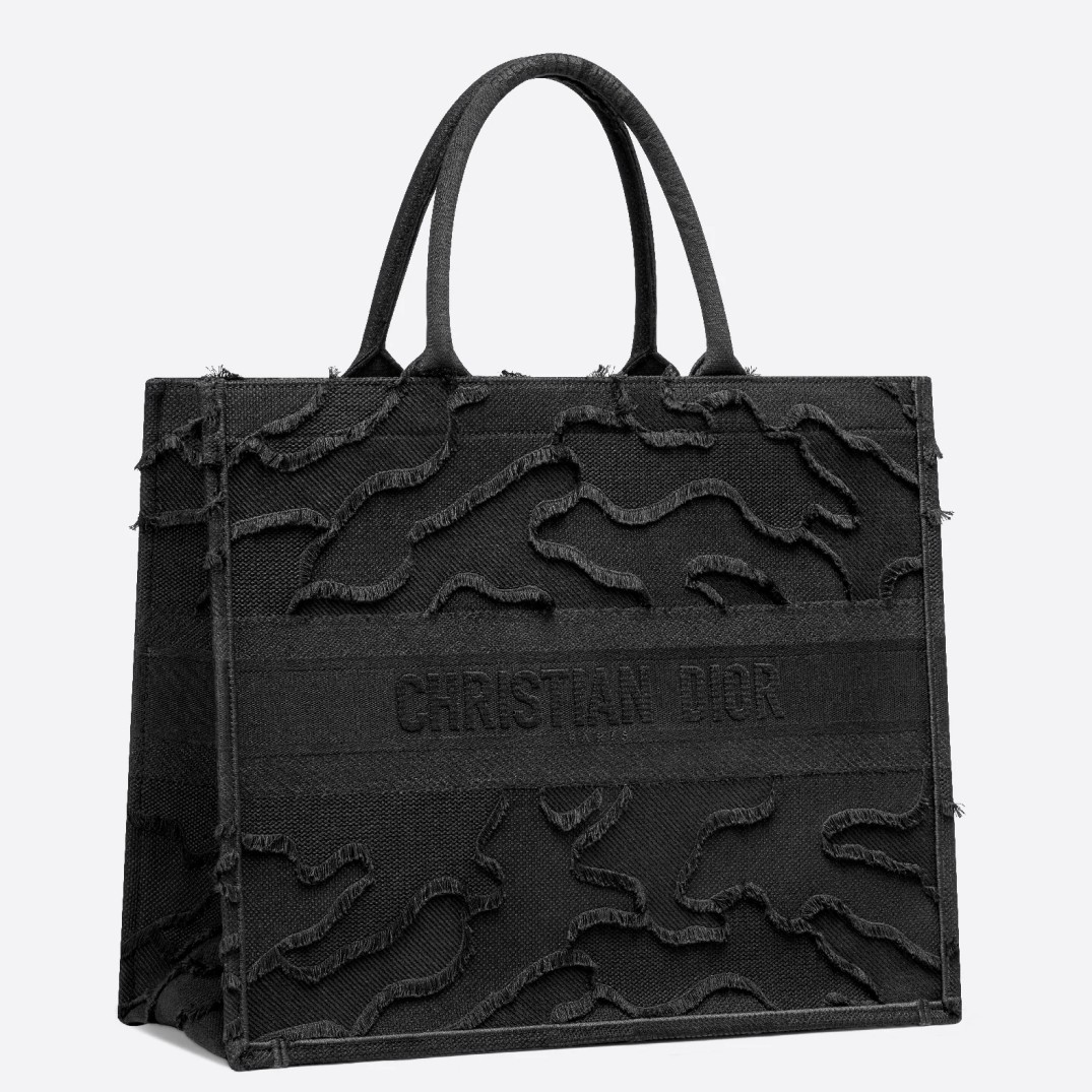 D*or book tote bag in black camouflage embroidered canvas