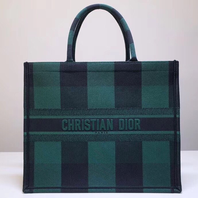 D*or book tote bag in green/black check embroidered canvas