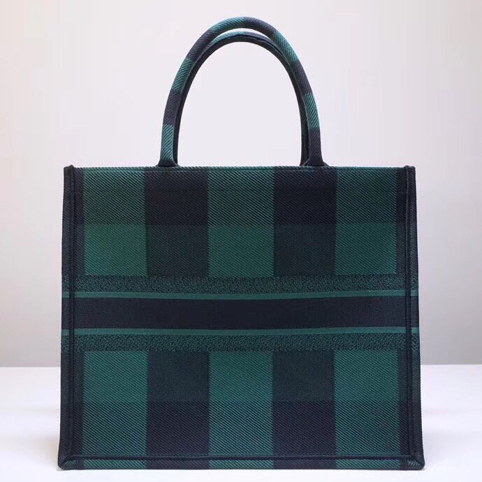 D*or book tote bag in green/black check embroidered canvas
