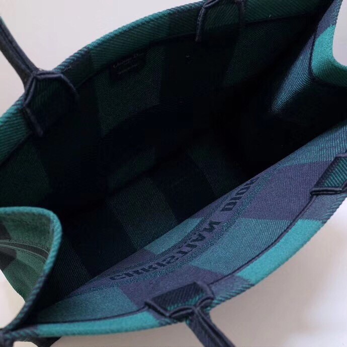 D*or book tote bag in green/black check embroidered canvas