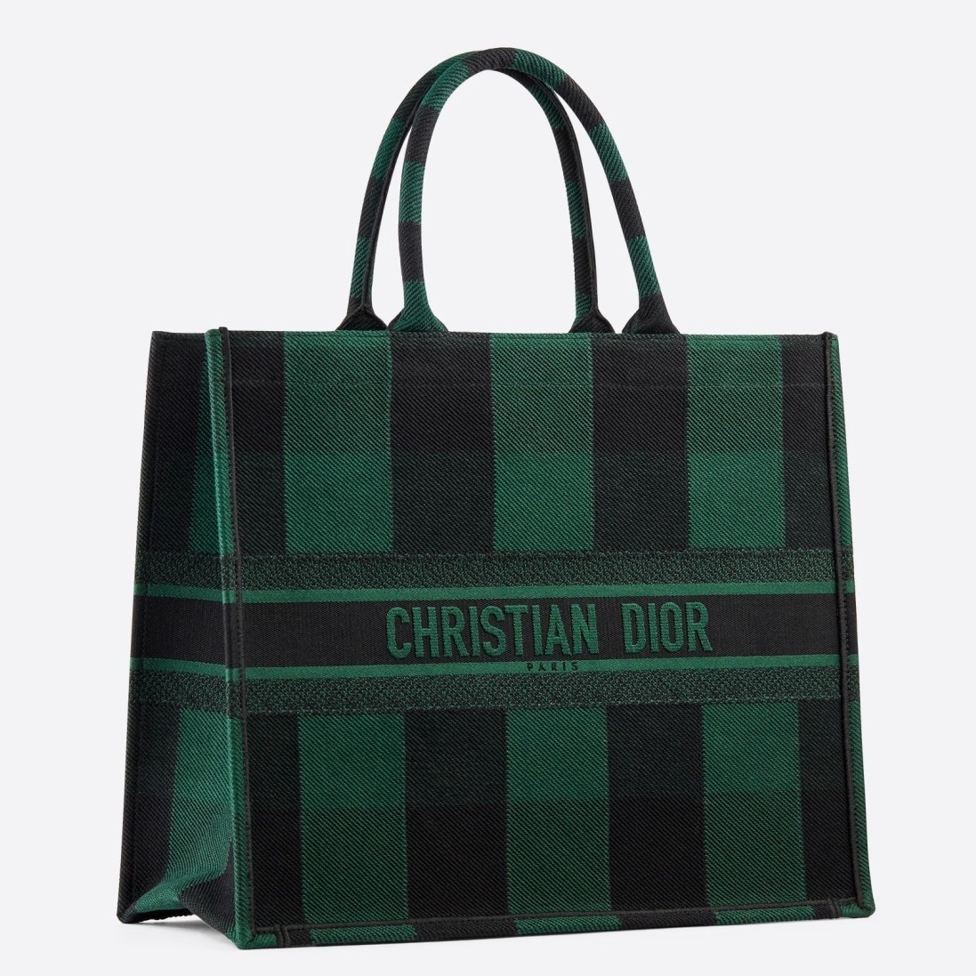 D*or book tote bag in green/black check embroidered canvas