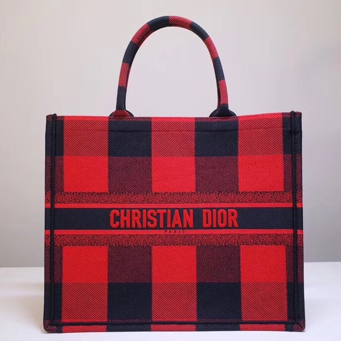 D*or book tote bag in red/black check embroidered canvas