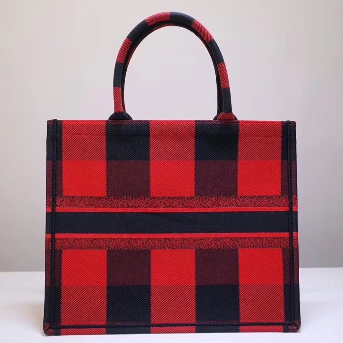 D*or book tote bag in red/black check embroidered canvas