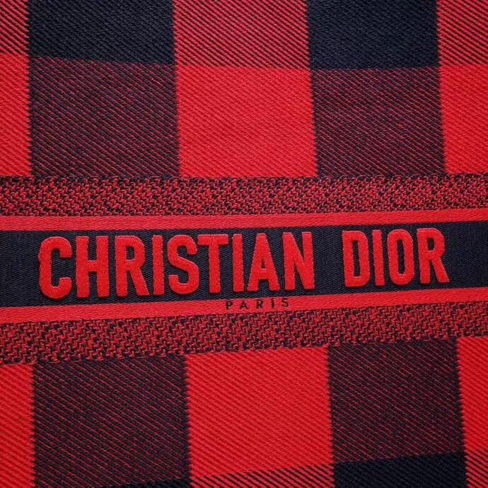 D*or book tote bag in red/black check embroidered canvas