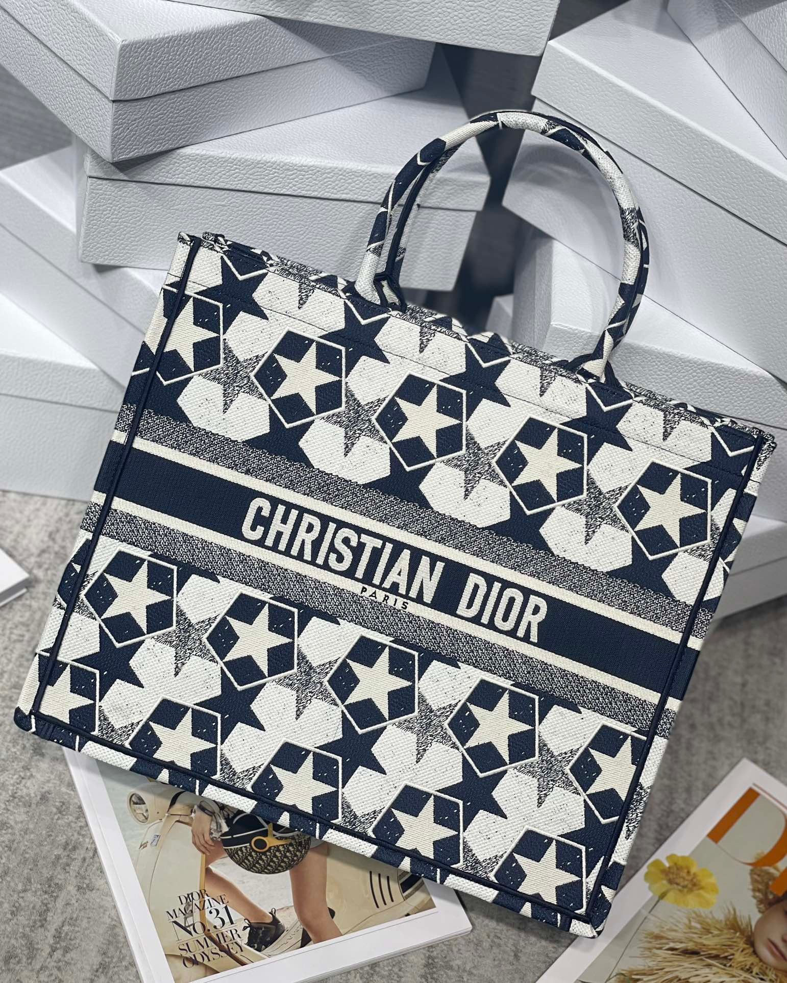 D*or large book tote bag in blue and white D*or etoile embroidery