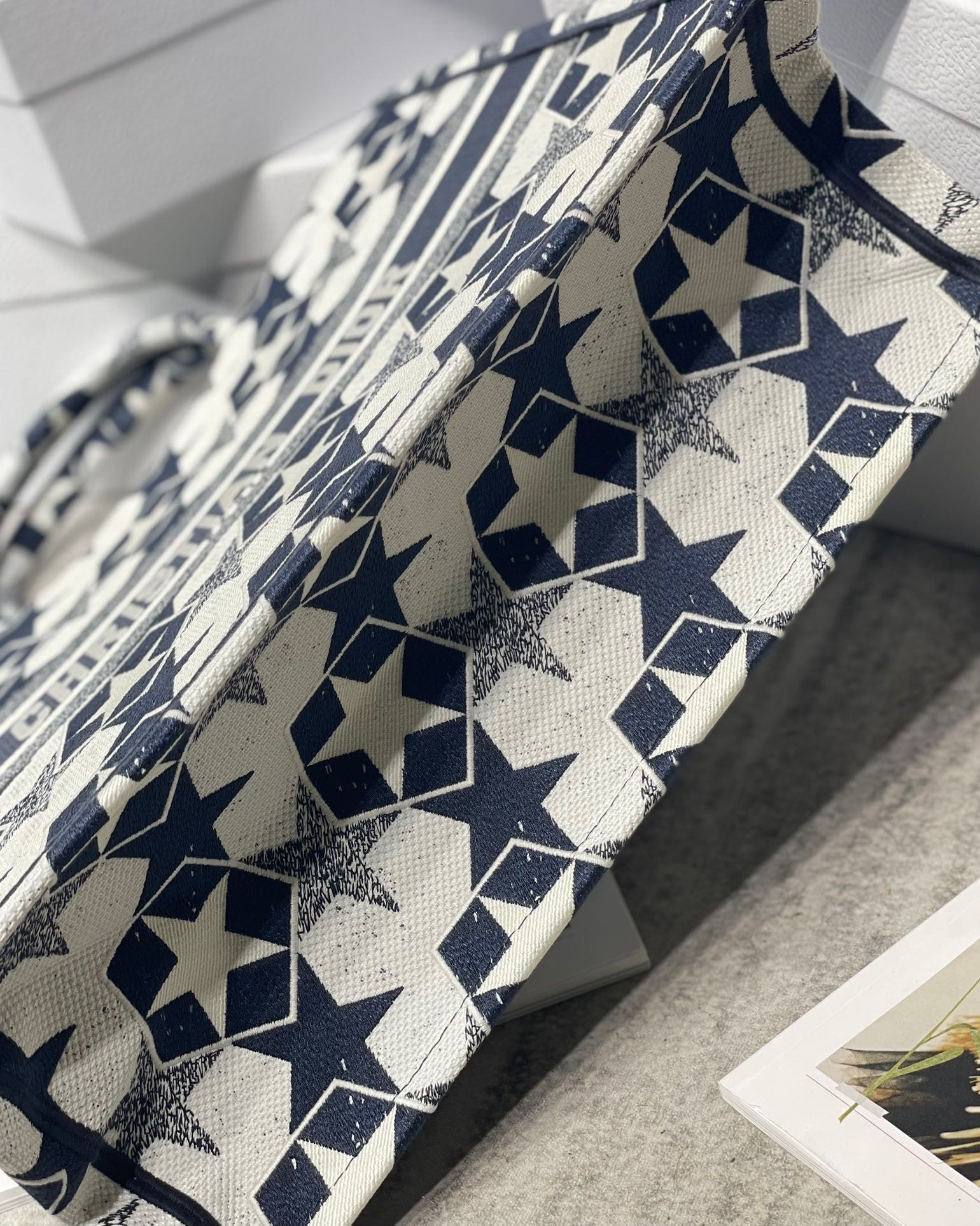 D*or large book tote bag in blue and white D*or etoile embroidery