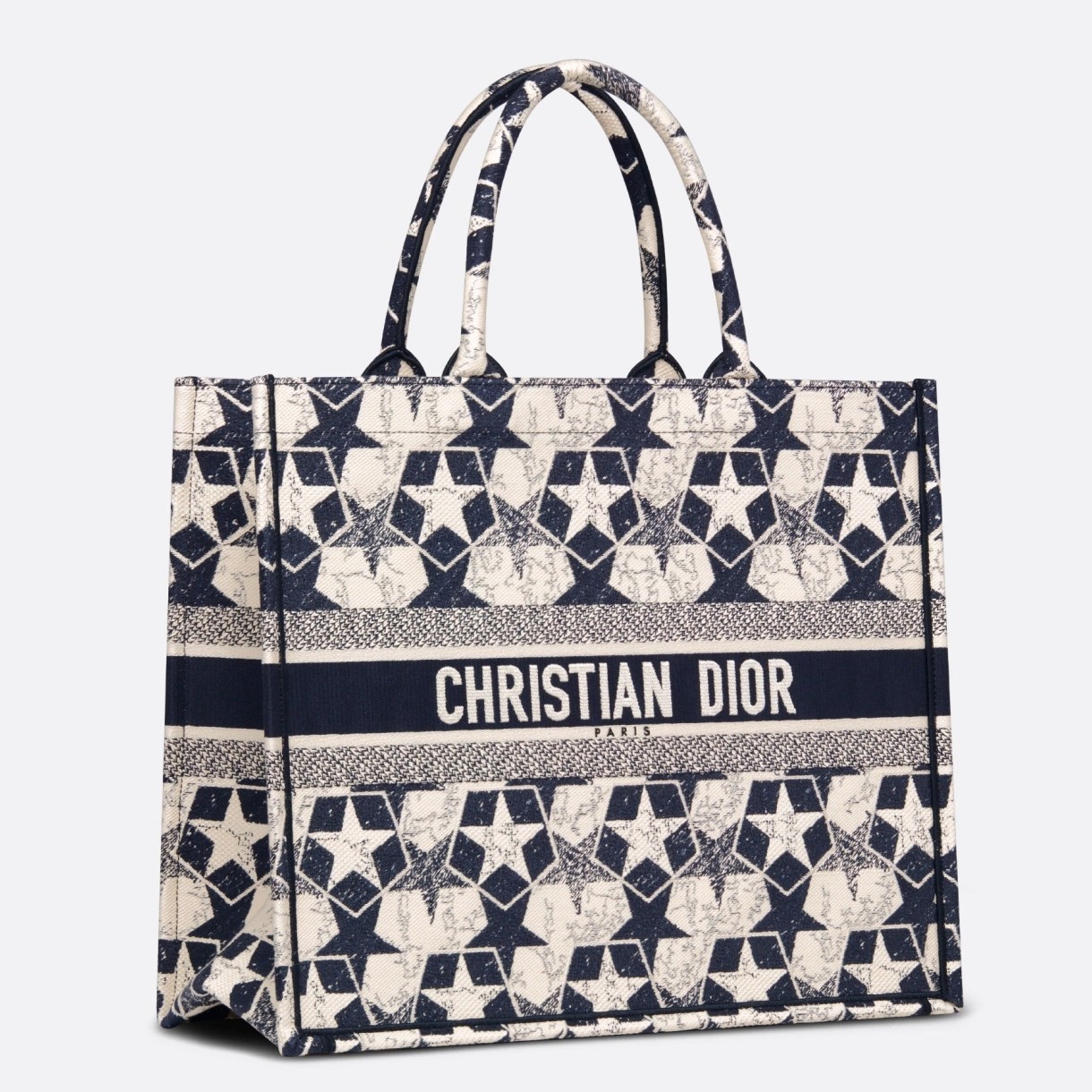 D*or large book tote bag in blue and white D*or etoile embroidery