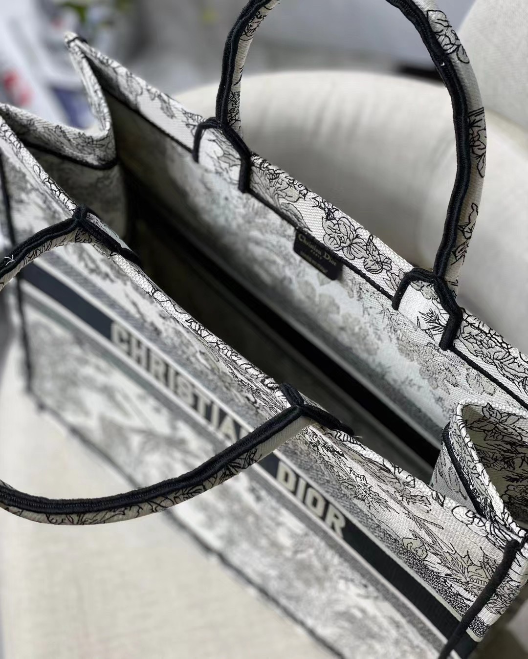 D*or large book tote in blue toile de jouy flowers embroidery