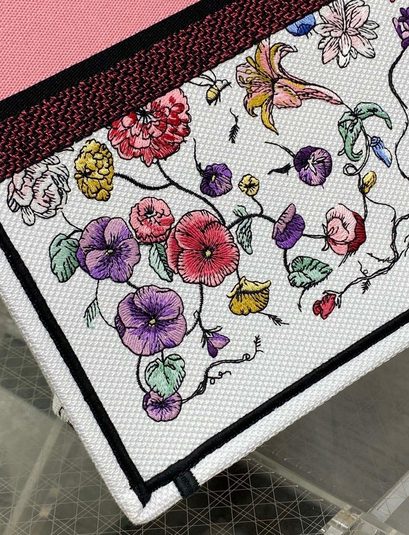 D*or large book tote bag in white multicolor florilegio embroidery