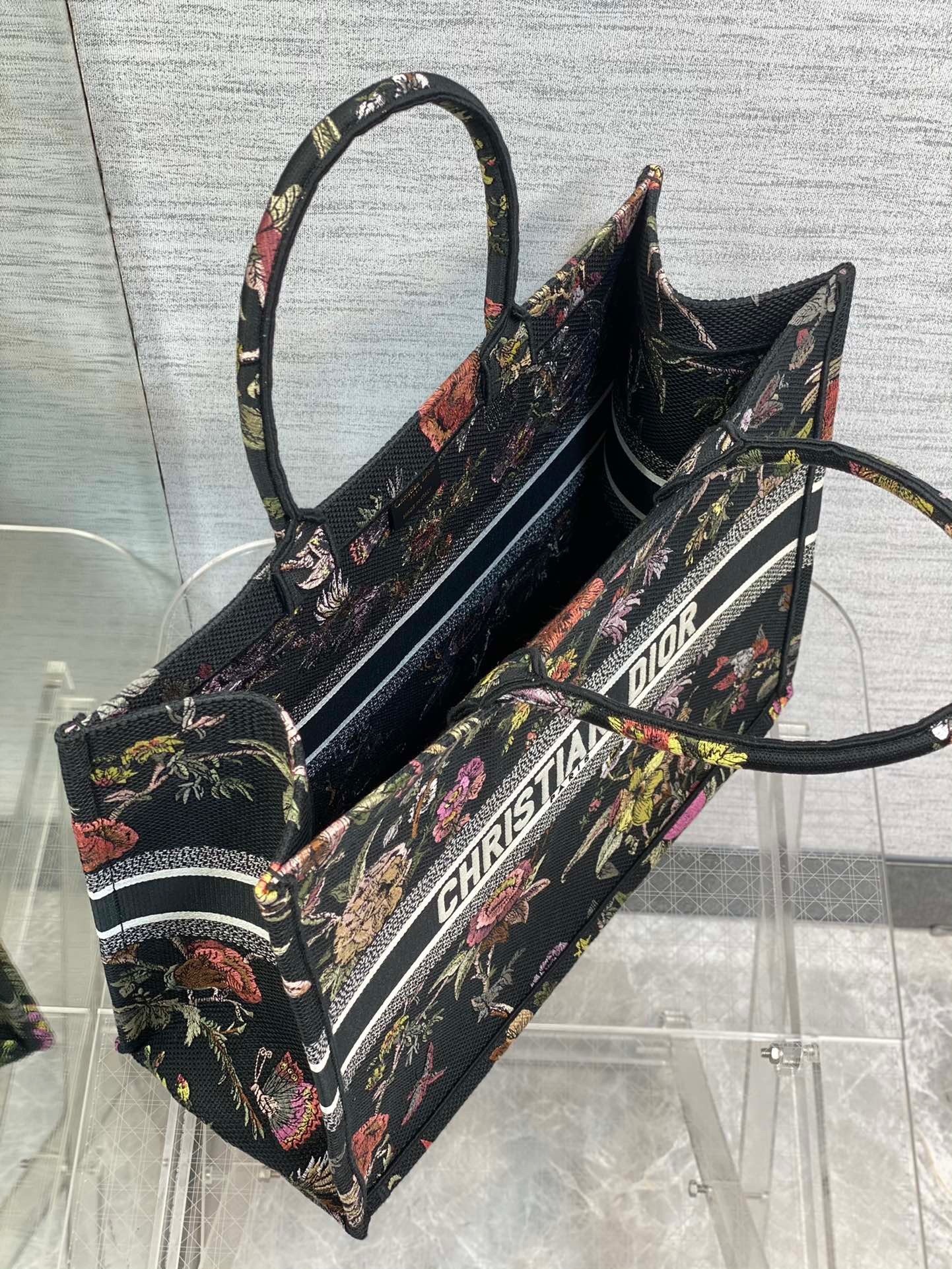 D*or large book tote bag in black multicolor jardin botanique embroidery