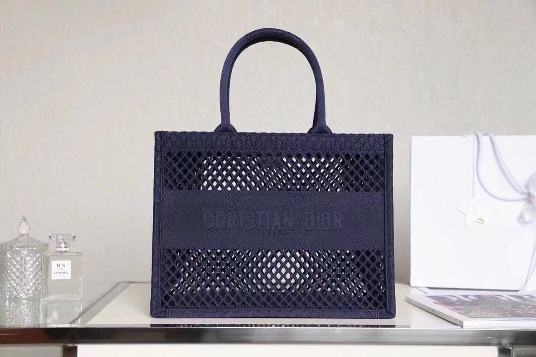 D*or book tote bag in blue mesh embroidery