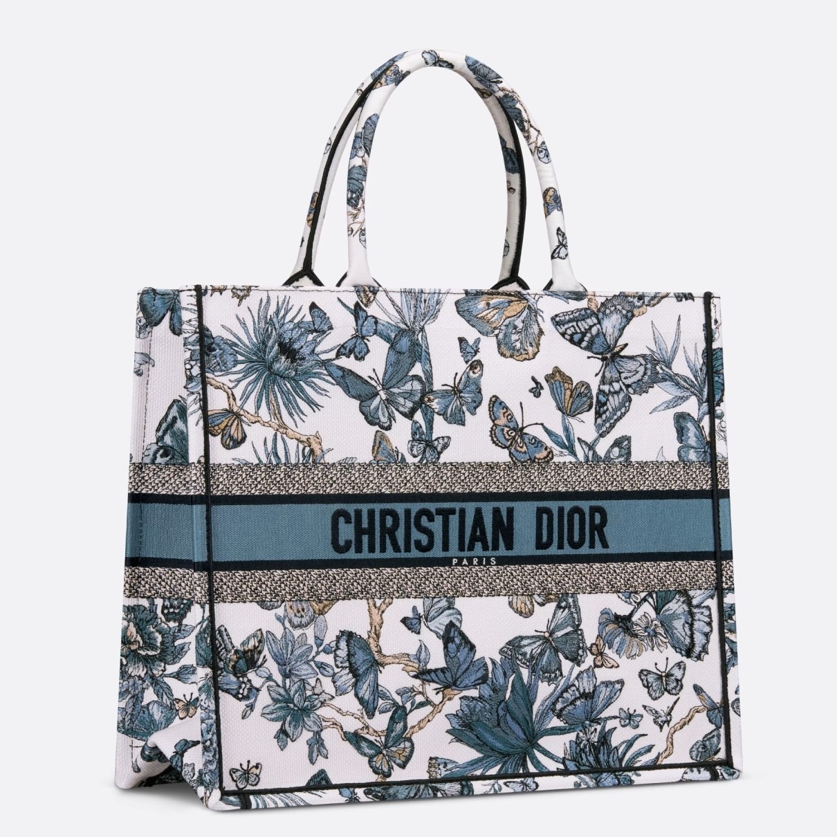 D*or large book tote bag in white and blue toile de jouy mexico embroidery