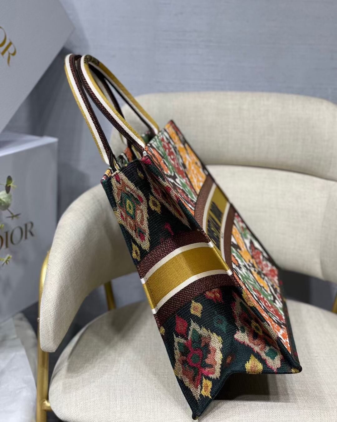 D*or book tote bag in yellow multicolor D*or paisley embroidery