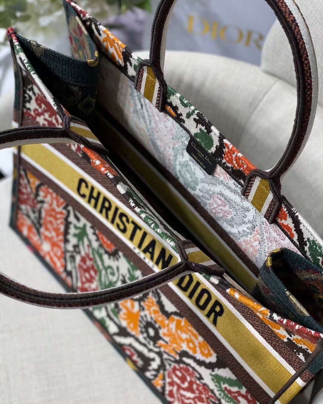 D*or book tote bag in yellow multicolor D*or paisley embroidery