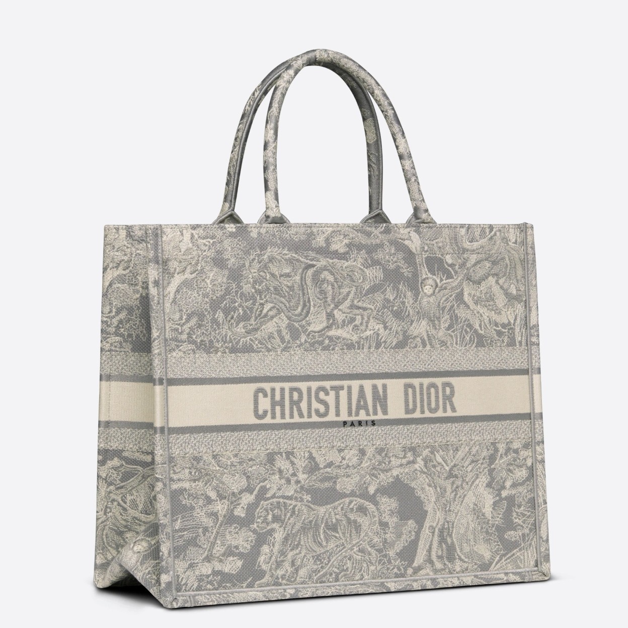 D*or large book tote in gray toile de jouy reverse embroidery