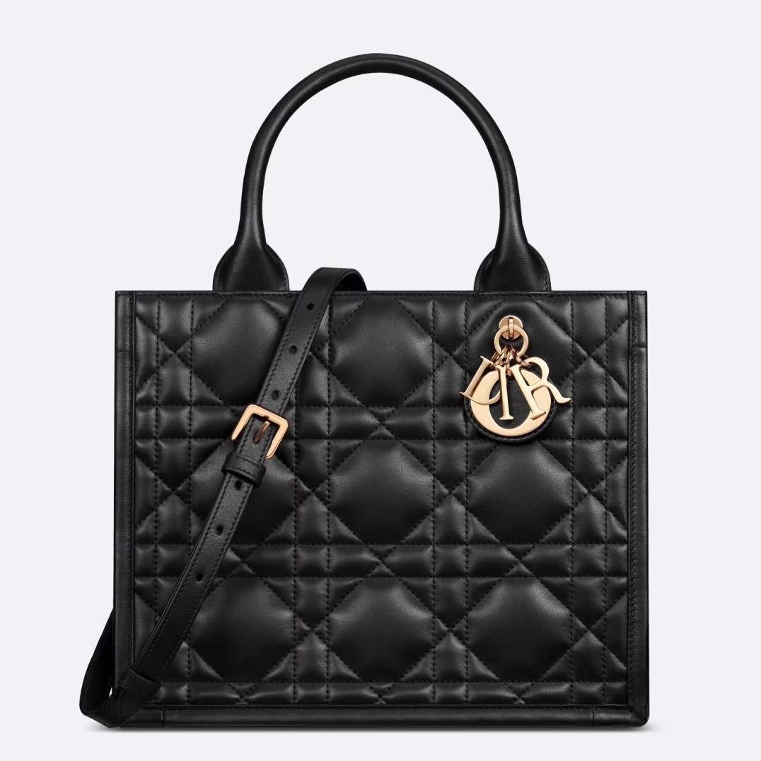 D*or small book tote bag with strap in black macrocannage calfskin