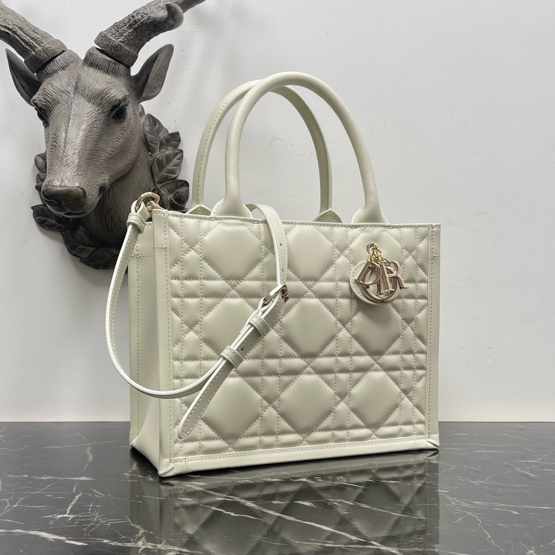 D*or small book tote bag with strap in white macrocannage calfskin