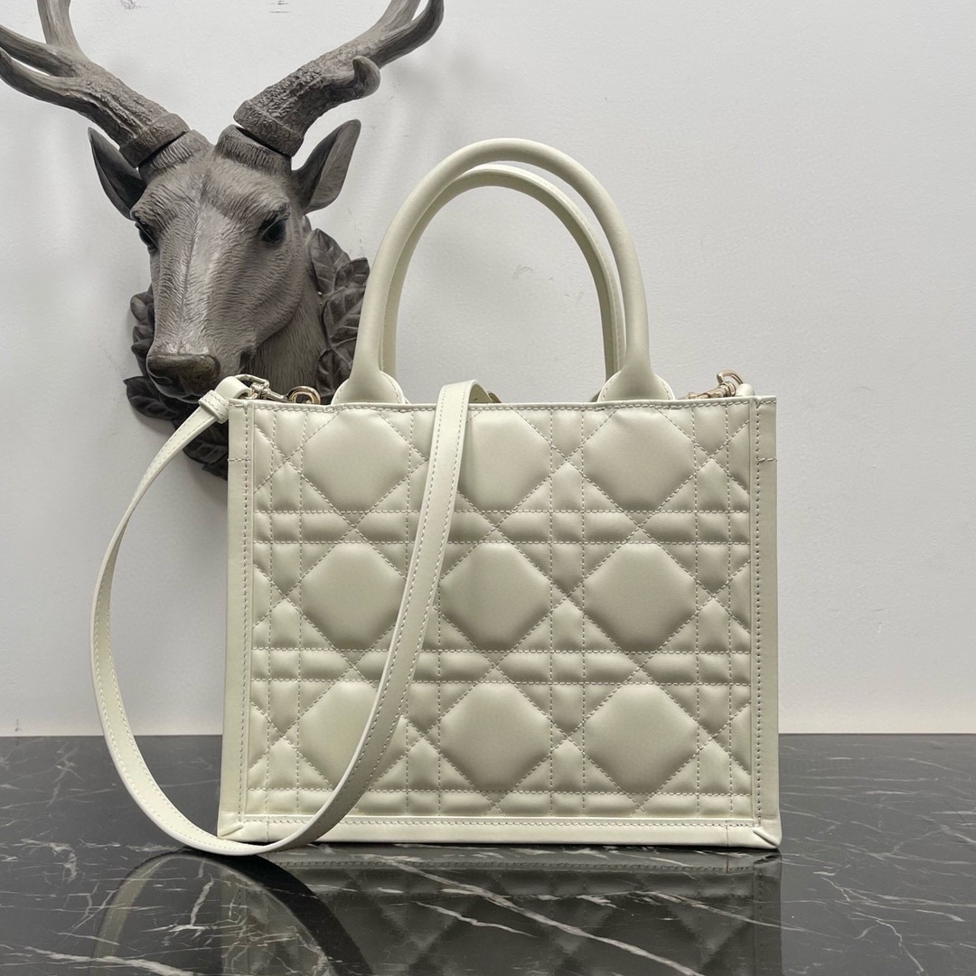 D*or small book tote bag with strap in white macrocannage calfskin