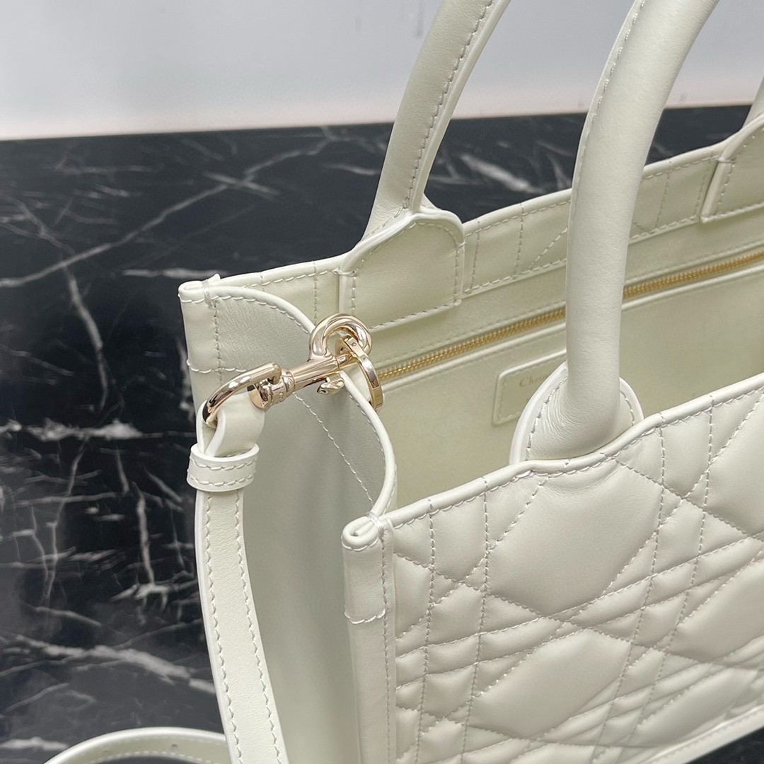 D*or small book tote bag with strap in white macrocannage calfskin
