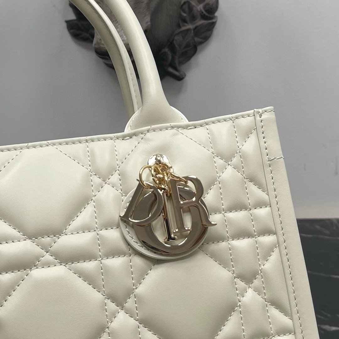 D*or small book tote bag with strap in white macrocannage calfskin